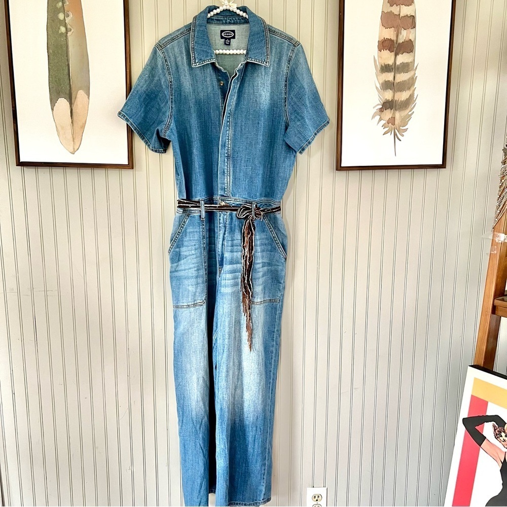 Scoop Denim Button Up Crop Wide Leg Utility Jumpsuit - Picture 2 of 8